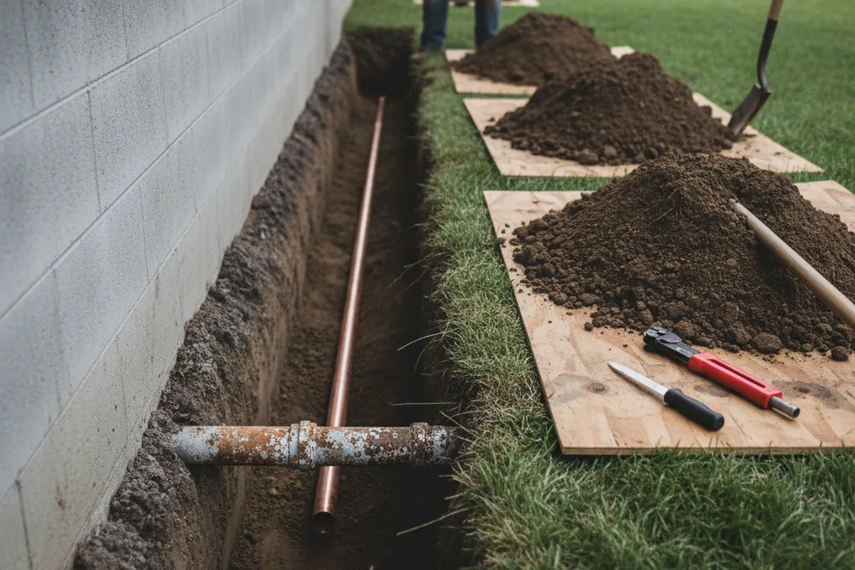 Excavated water line trench during Sewer Line Repair in Harrisburg